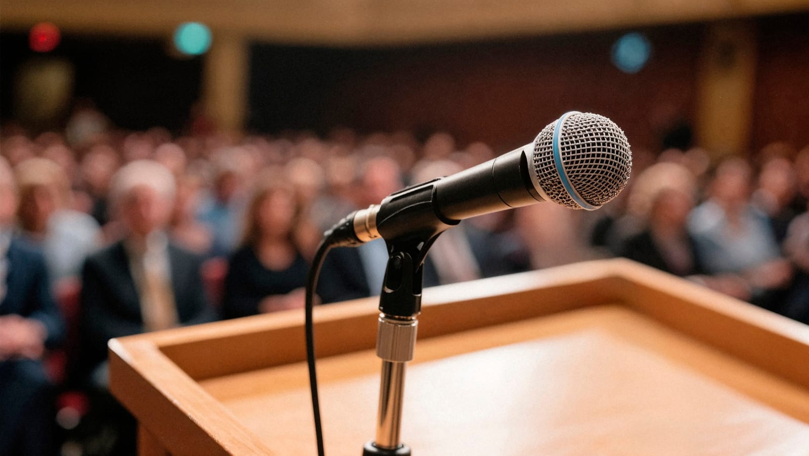 Microfono su un leggio durante una presentazione in sala conferenze